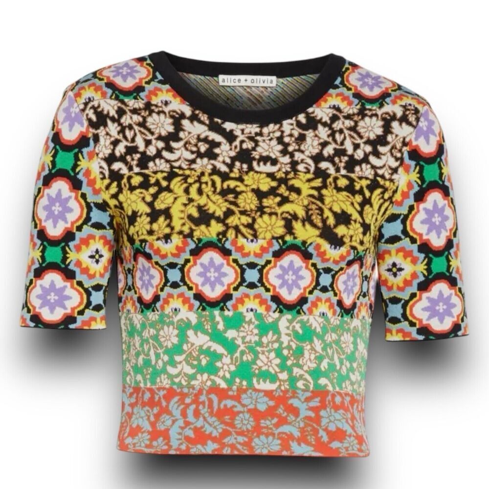 Alice‎ + Olivia Sweater L Ciara Crewneck Mixed Pattern Floral Cropped Multicolor